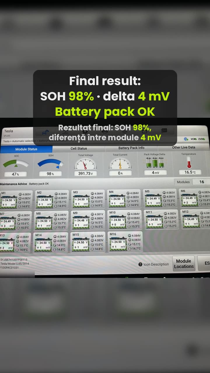 Diagnostic tablet showing the upgraded pack: SOH 98 percent, 4 mV delta